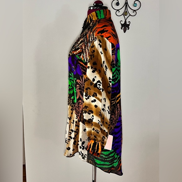 Judith Ann vintage NWT animal print button down hi lo semi sheer Silk blouse, M - Picture 15 of 16